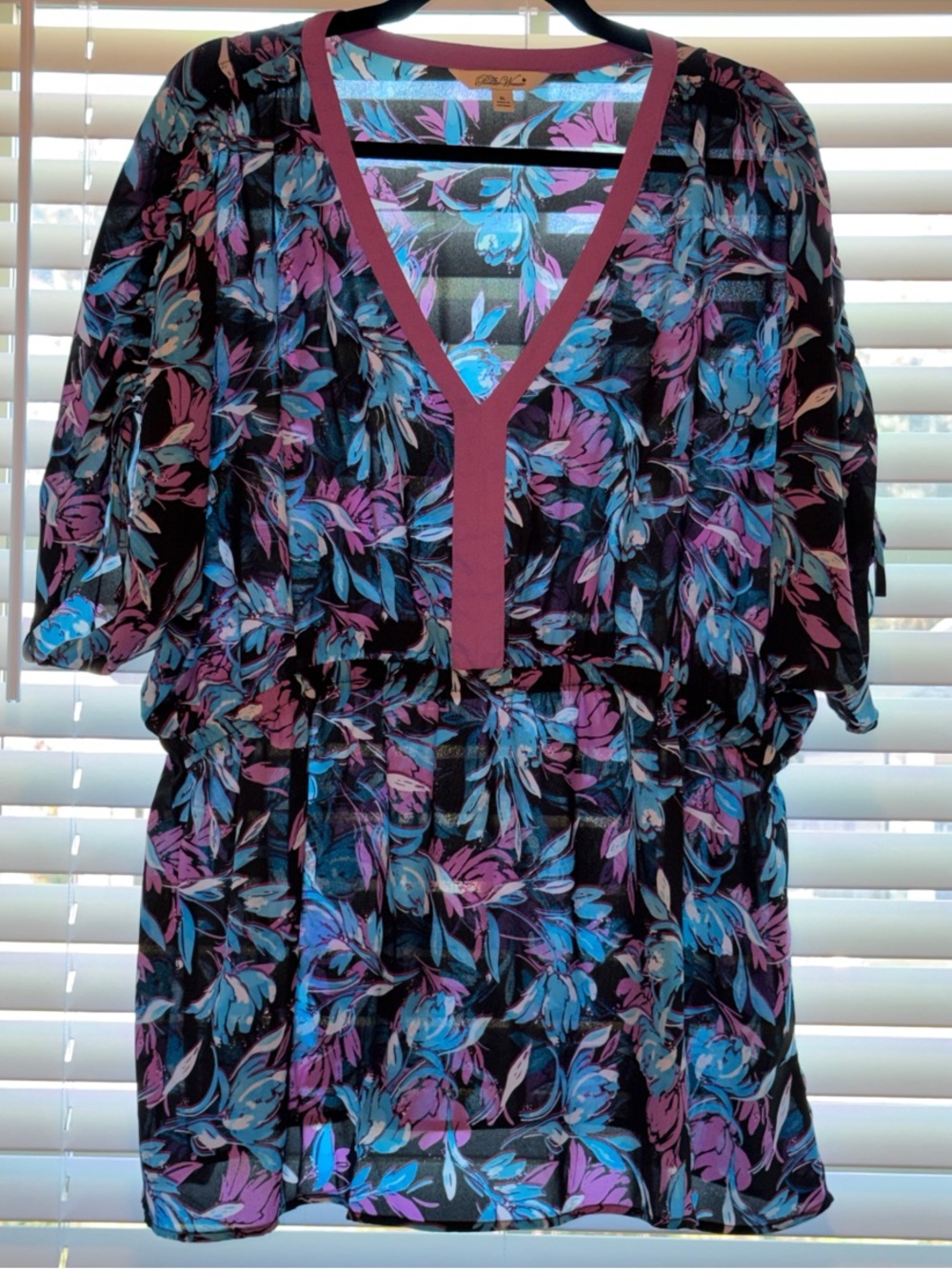 The Pioneer Woman Black Floral V-Neck Tunic with Blue and Purple Accents